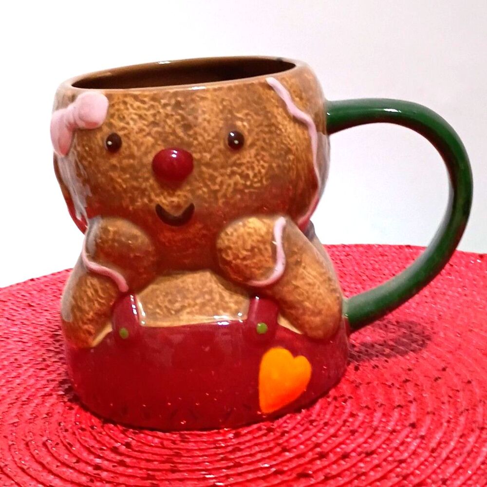 Festive Gingerbread Girl Sculpted Ceramic Mug  HandPainted St. Nicholas Square